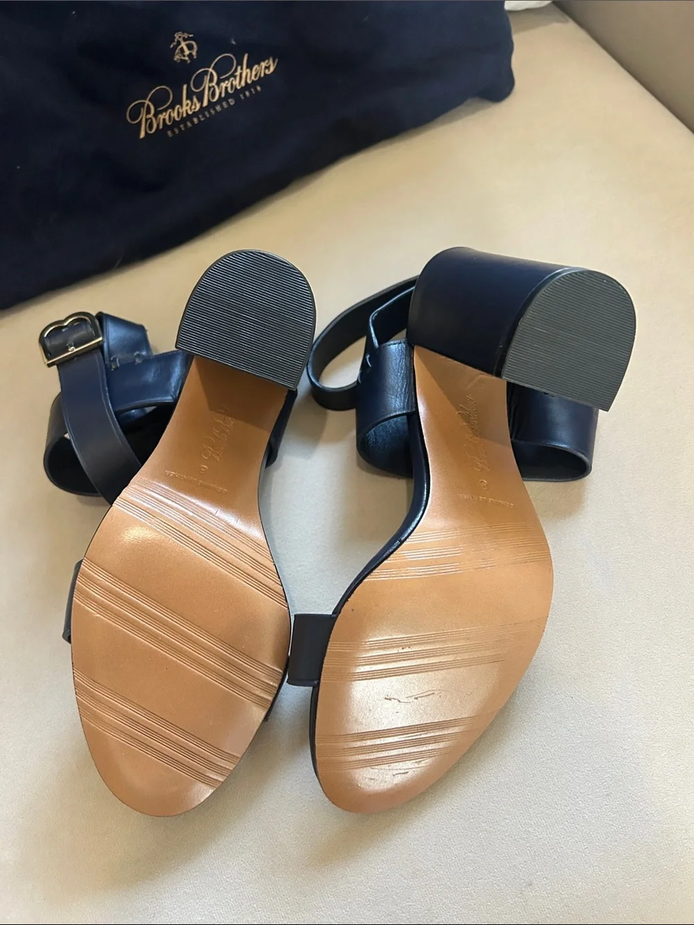 Brooks Brothers Black Leather Block Heel Sandals with Ankle Strap w dust bag